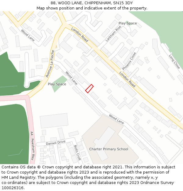 88, WOOD LANE, CHIPPENHAM, SN15 3DY: Location map and indicative extent of plot
