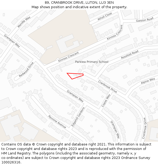 89, CRANBROOK DRIVE, LUTON, LU3 3EN: Location map and indicative extent of plot