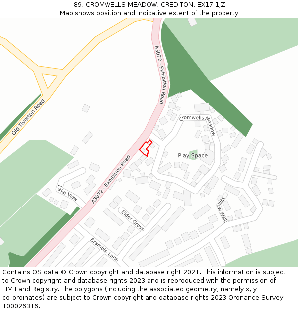 89, CROMWELLS MEADOW, CREDITON, EX17 1JZ: Location map and indicative extent of plot