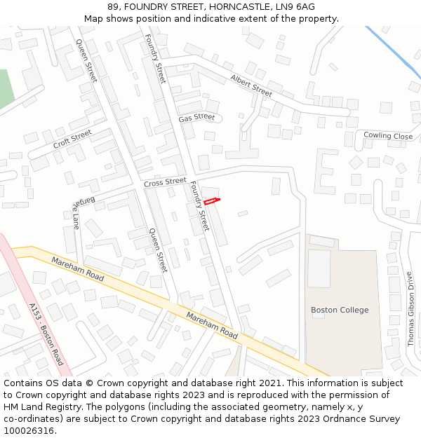 89, FOUNDRY STREET, HORNCASTLE, LN9 6AG: Location map and indicative extent of plot