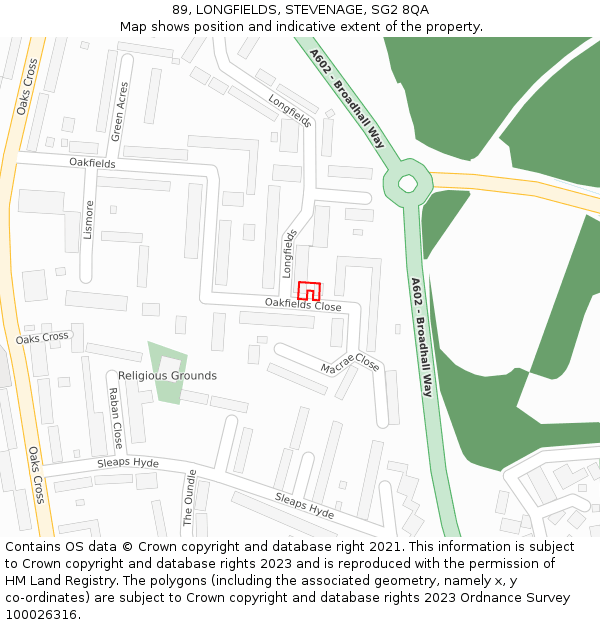 89, LONGFIELDS, STEVENAGE, SG2 8QA: Location map and indicative extent of plot