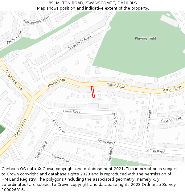 89, MILTON ROAD, SWANSCOMBE, DA10 0LS: Location map and indicative extent of plot