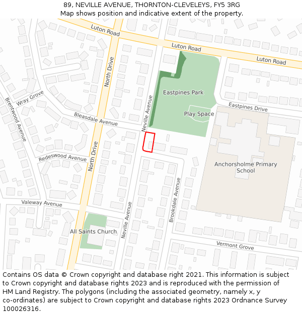 89, NEVILLE AVENUE, THORNTON-CLEVELEYS, FY5 3RG: Location map and indicative extent of plot