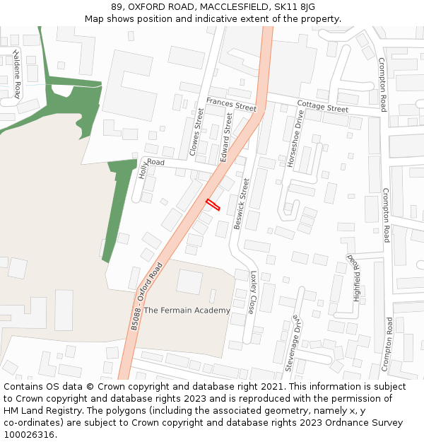 89, OXFORD ROAD, MACCLESFIELD, SK11 8JG: Location map and indicative extent of plot