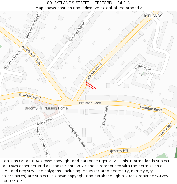 89, RYELANDS STREET, HEREFORD, HR4 0LN: Location map and indicative extent of plot