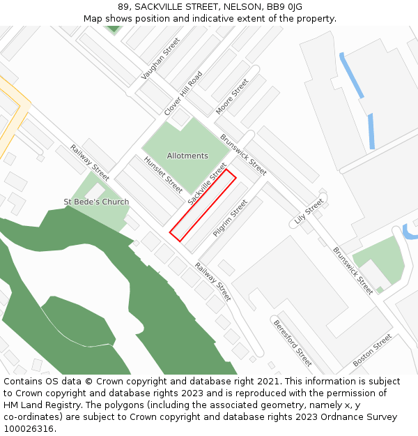 89, SACKVILLE STREET, NELSON, BB9 0JG: Location map and indicative extent of plot