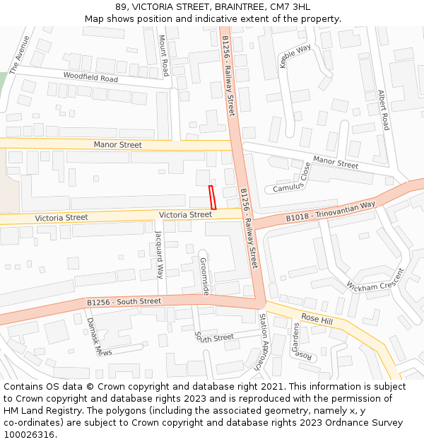 89, VICTORIA STREET, BRAINTREE, CM7 3HL: Location map and indicative extent of plot