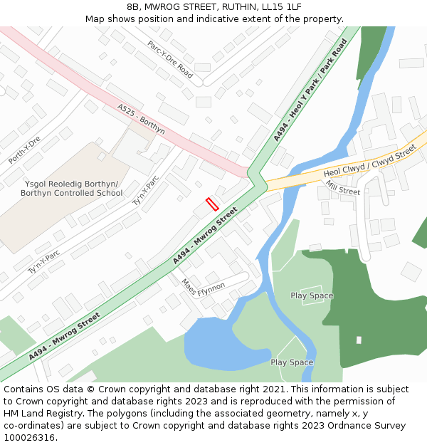8B, MWROG STREET, RUTHIN, LL15 1LF: Location map and indicative extent of plot