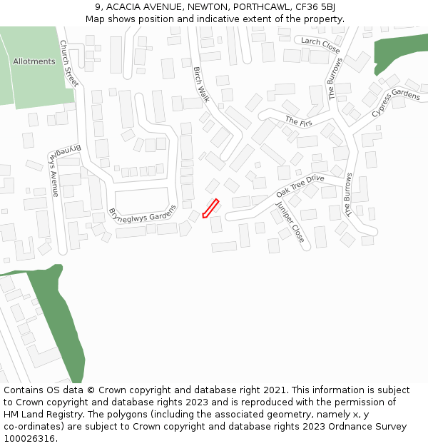 9, ACACIA AVENUE, NEWTON, PORTHCAWL, CF36 5BJ: Location map and indicative extent of plot