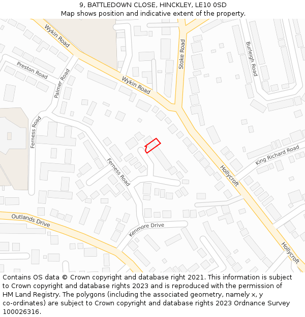 9, BATTLEDOWN CLOSE, HINCKLEY, LE10 0SD: Location map and indicative extent of plot