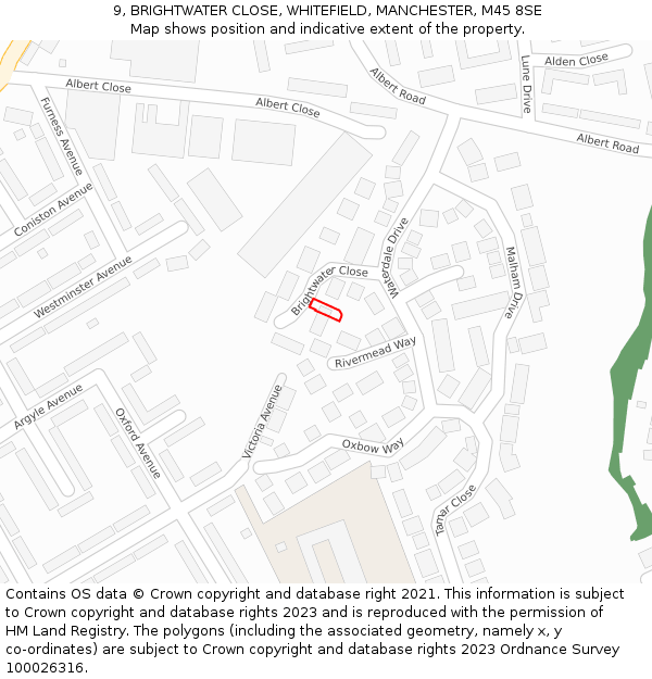 9, BRIGHTWATER CLOSE, WHITEFIELD, MANCHESTER, M45 8SE: Location map and indicative extent of plot