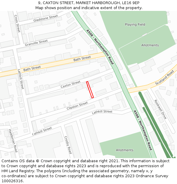 9, CAXTON STREET, MARKET HARBOROUGH, LE16 9EP: Location map and indicative extent of plot