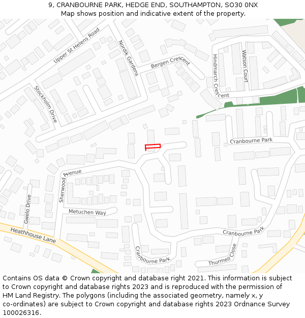 9, CRANBOURNE PARK, HEDGE END, SOUTHAMPTON, SO30 0NX: Location map and indicative extent of plot