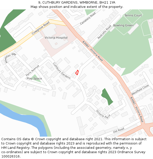 9, CUTHBURY GARDENS, WIMBORNE, BH21 1YA: Location map and indicative extent of plot
