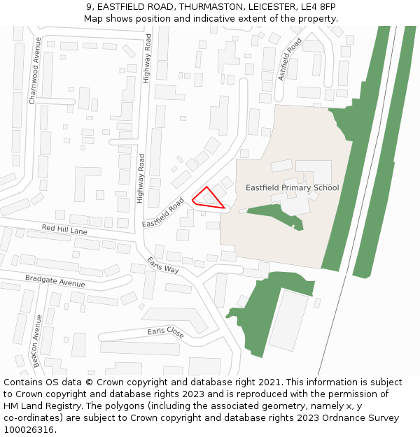 9, EASTFIELD ROAD, THURMASTON, LEICESTER, LE4 8FP: Location map and indicative extent of plot
