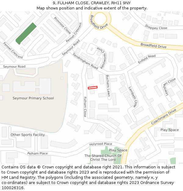 9, FULHAM CLOSE, CRAWLEY, RH11 9NY: Location map and indicative extent of plot