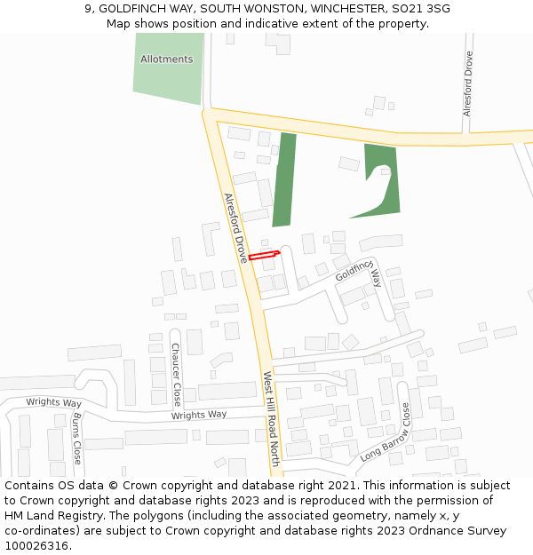 9, GOLDFINCH WAY, SOUTH WONSTON, WINCHESTER, SO21 3SG: Location map and indicative extent of plot