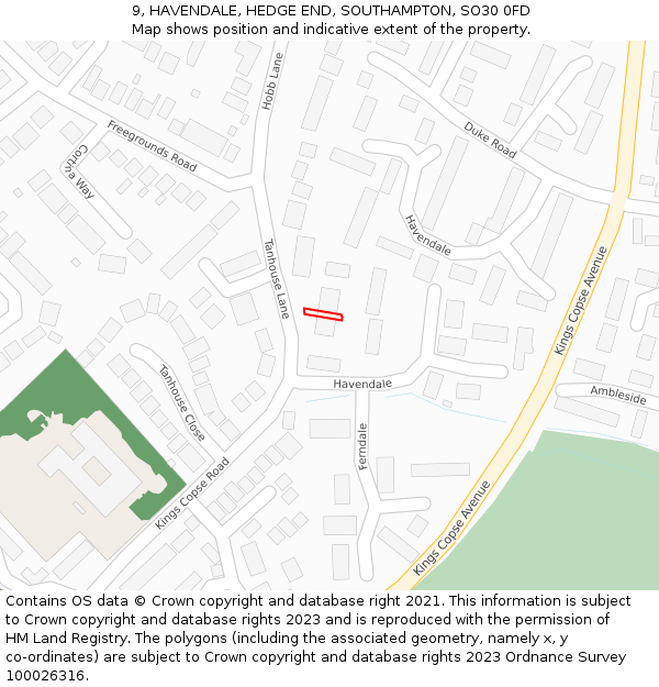 9, HAVENDALE, HEDGE END, SOUTHAMPTON, SO30 0FD: Location map and indicative extent of plot
