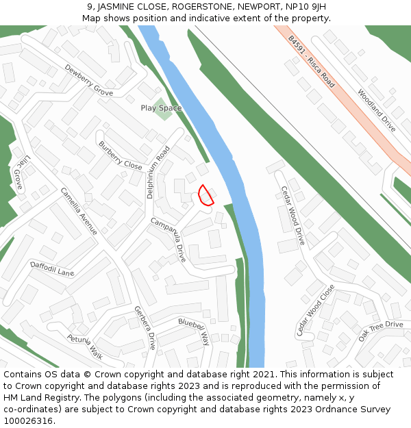 9, JASMINE CLOSE, ROGERSTONE, NEWPORT, NP10 9JH: Location map and indicative extent of plot