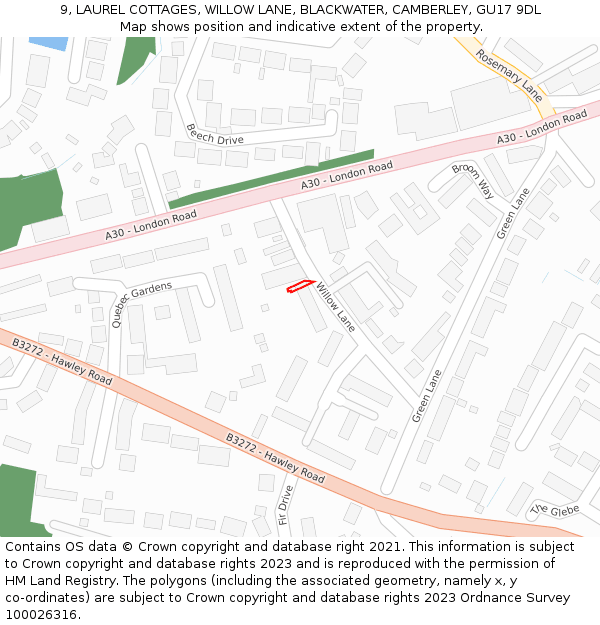 9, LAUREL COTTAGES, WILLOW LANE, BLACKWATER, CAMBERLEY, GU17 9DL: Location map and indicative extent of plot