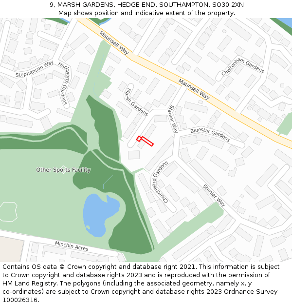 9, MARSH GARDENS, HEDGE END, SOUTHAMPTON, SO30 2XN: Location map and indicative extent of plot