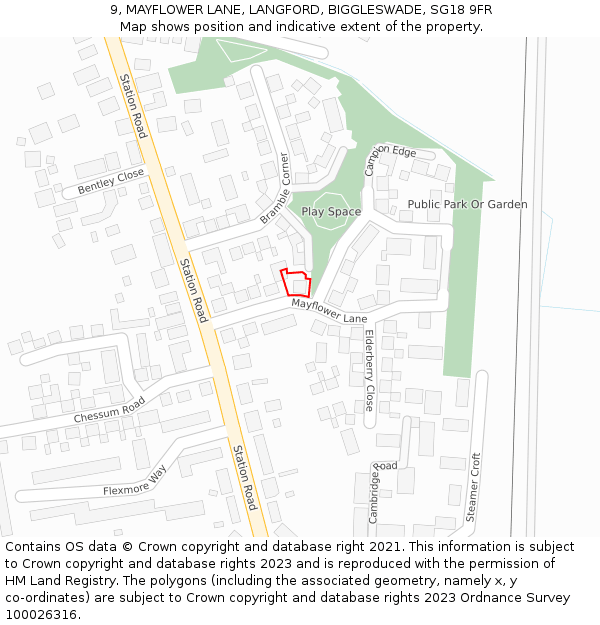 9, MAYFLOWER LANE, LANGFORD, BIGGLESWADE, SG18 9FR: Location map and indicative extent of plot