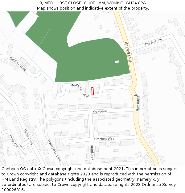 9, MEDHURST CLOSE, CHOBHAM, WOKING, GU24 8PA: Location map and indicative extent of plot