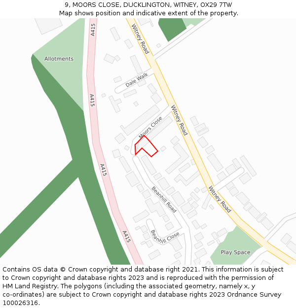 9, MOORS CLOSE, DUCKLINGTON, WITNEY, OX29 7TW: Location map and indicative extent of plot