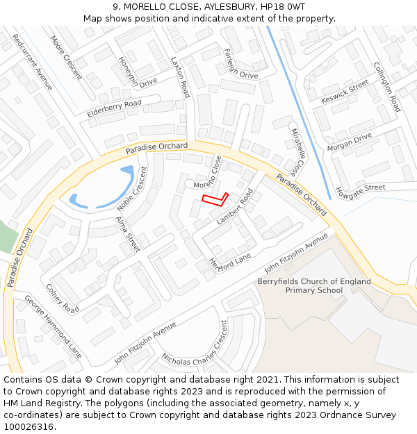 9, MORELLO CLOSE, AYLESBURY, HP18 0WT: Location map and indicative extent of plot