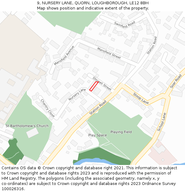 9, NURSERY LANE, QUORN, LOUGHBOROUGH, LE12 8BH: Location map and indicative extent of plot