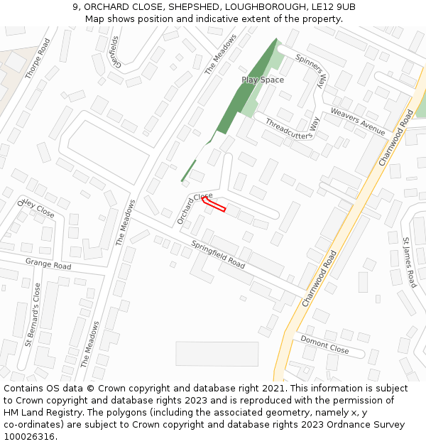 9, ORCHARD CLOSE, SHEPSHED, LOUGHBOROUGH, LE12 9UB: Location map and indicative extent of plot