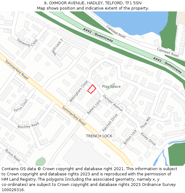 9, OXMOOR AVENUE, HADLEY, TELFORD, TF1 5SN: Location map and indicative extent of plot