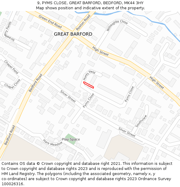 9, PYMS CLOSE, GREAT BARFORD, BEDFORD, MK44 3HY: Location map and indicative extent of plot