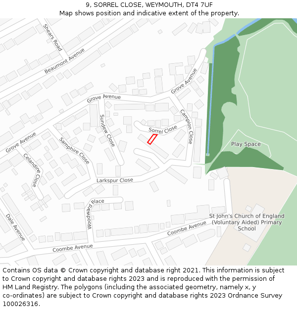 9, SORREL CLOSE, WEYMOUTH, DT4 7UF: Location map and indicative extent of plot