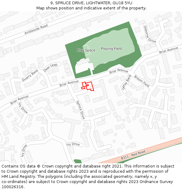 9, SPRUCE DRIVE, LIGHTWATER, GU18 5YU: Location map and indicative extent of plot