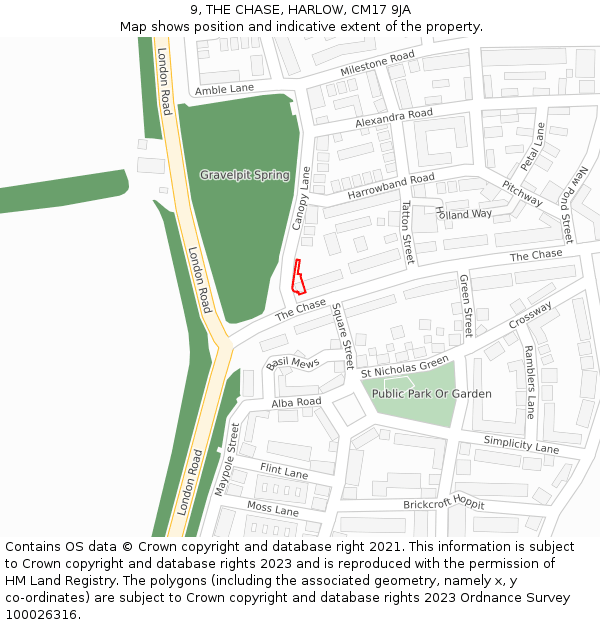 9, THE CHASE, HARLOW, CM17 9JA: Location map and indicative extent of plot