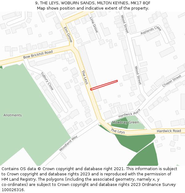 9, THE LEYS, WOBURN SANDS, MILTON KEYNES, MK17 8QF: Location map and indicative extent of plot