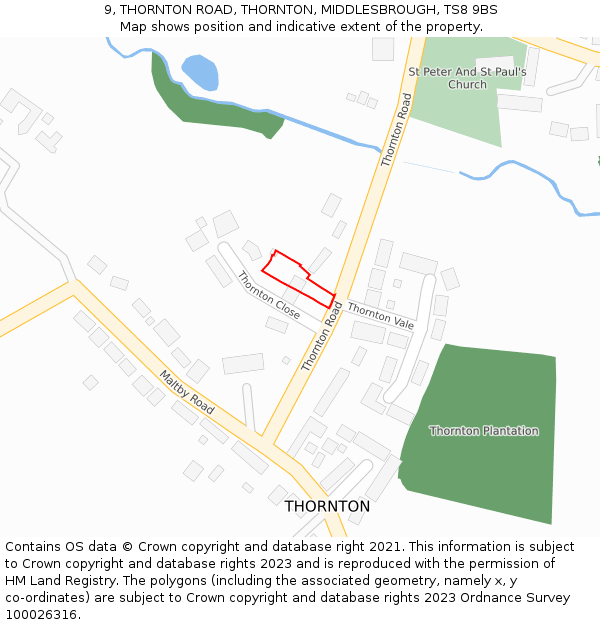 9, THORNTON ROAD, THORNTON, MIDDLESBROUGH, TS8 9BS: Location map and indicative extent of plot