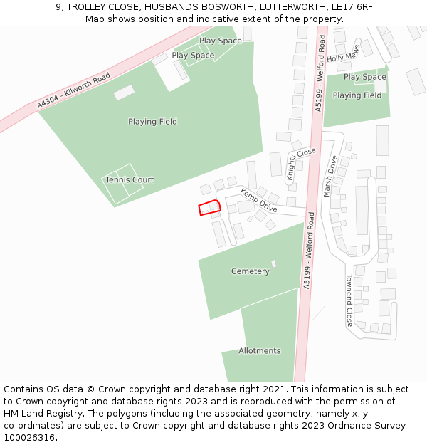 9, TROLLEY CLOSE, HUSBANDS BOSWORTH, LUTTERWORTH, LE17 6RF: Location map and indicative extent of plot