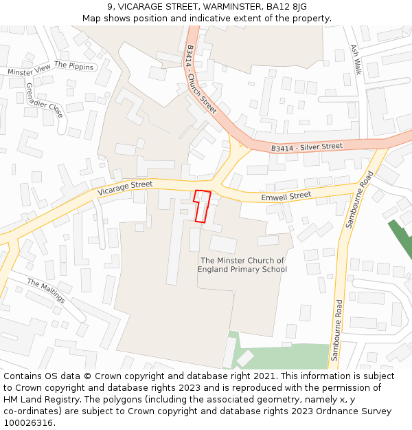 9, VICARAGE STREET, WARMINSTER, BA12 8JG: Location map and indicative extent of plot