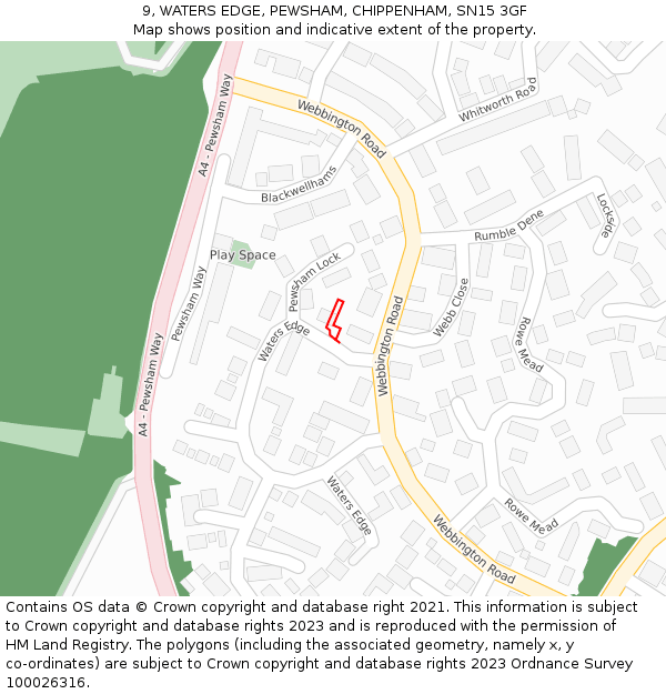 9, WATERS EDGE, PEWSHAM, CHIPPENHAM, SN15 3GF: Location map and indicative extent of plot