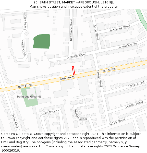 90, BATH STREET, MARKET HARBOROUGH, LE16 9JL: Location map and indicative extent of plot