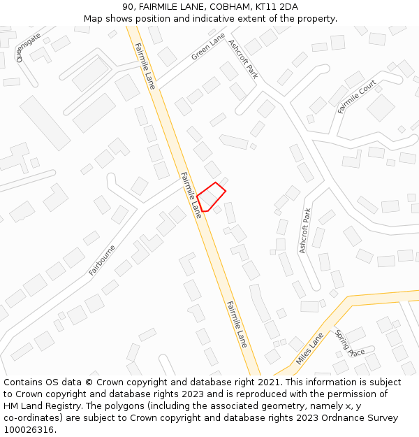 90, FAIRMILE LANE, COBHAM, KT11 2DA: Location map and indicative extent of plot