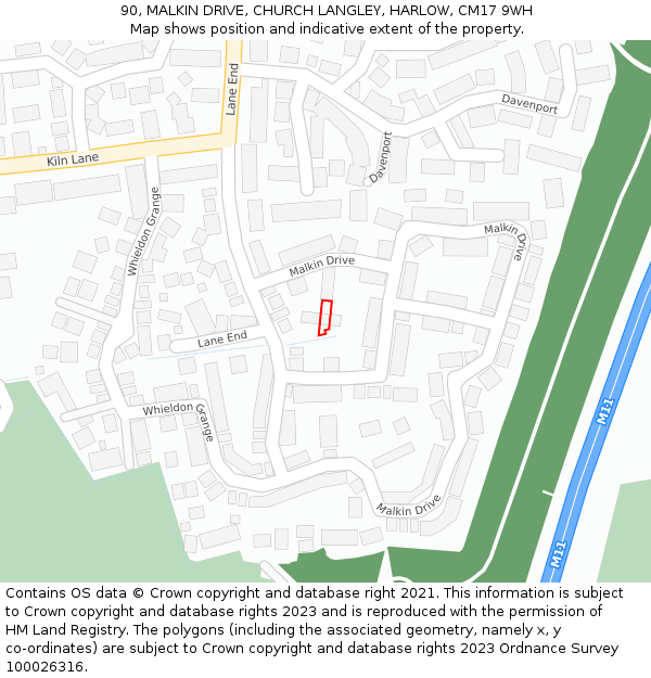 90, MALKIN DRIVE, CHURCH LANGLEY, HARLOW, CM17 9WH: Location map and indicative extent of plot