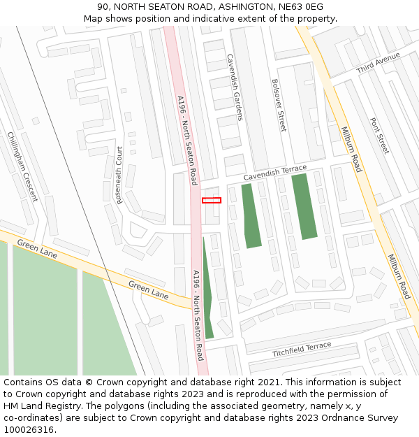 90, NORTH SEATON ROAD, ASHINGTON, NE63 0EG: Location map and indicative extent of plot