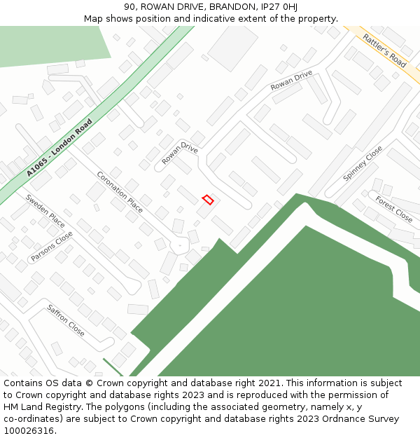 90, ROWAN DRIVE, BRANDON, IP27 0HJ: Location map and indicative extent of plot