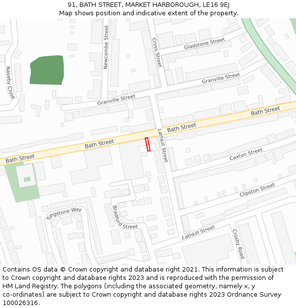 91, BATH STREET, MARKET HARBOROUGH, LE16 9EJ: Location map and indicative extent of plot