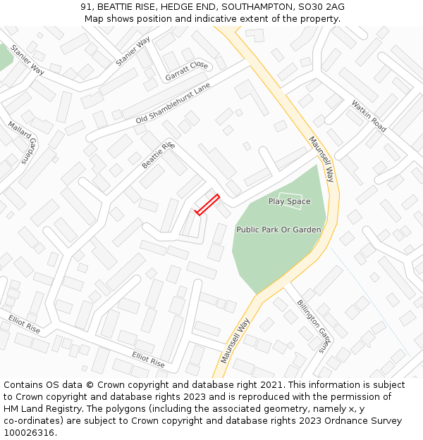 91, BEATTIE RISE, HEDGE END, SOUTHAMPTON, SO30 2AG: Location map and indicative extent of plot