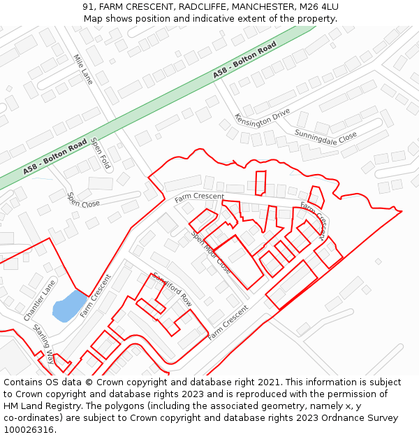 91, FARM CRESCENT, RADCLIFFE, MANCHESTER, M26 4LU: Location map and indicative extent of plot