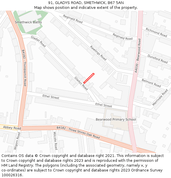 91, GLADYS ROAD, SMETHWICK, B67 5AN: Location map and indicative extent of plot